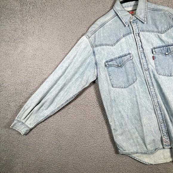 Levis Vintage Denim Pearl Snap Shirt Mens Small Blue Button Up Western Rodeo VTG - Picture 12 of 16